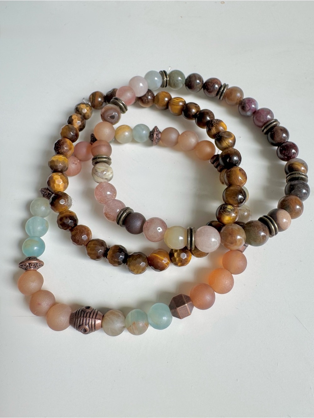 Multi-Strand Beaded Bracelet Stack in Brown, Peach & Aqua